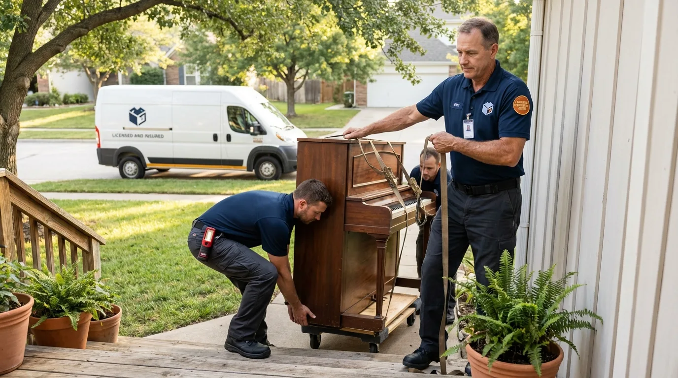 Licensed piano movers securing grand piano in Silver Lake, KS