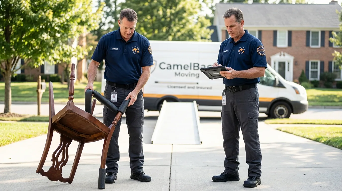 Movers inspecting furniture for damage prevention before loading in Silver Lake, KS